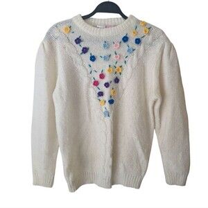 Vintage Basket Of Yarn Floral Embroidered Knit Cottagecore Sweater Size Small